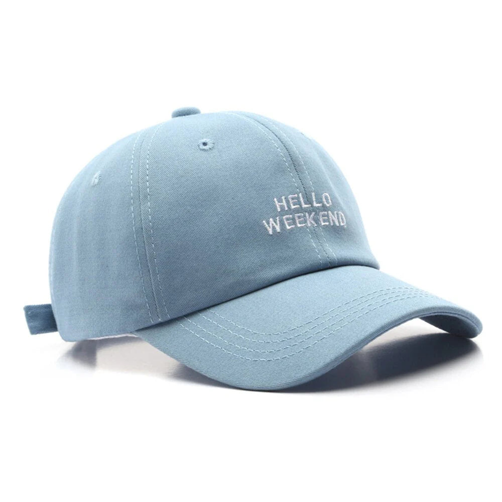 Light blue baseball cap with 'HELLO WEEKEND' text on a white background in Pakistan by Caps Nation
