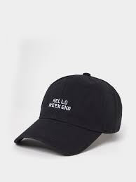 Black cap with 'HELLO WEEKEND' text on a white background in Pakistan by Caps Nation