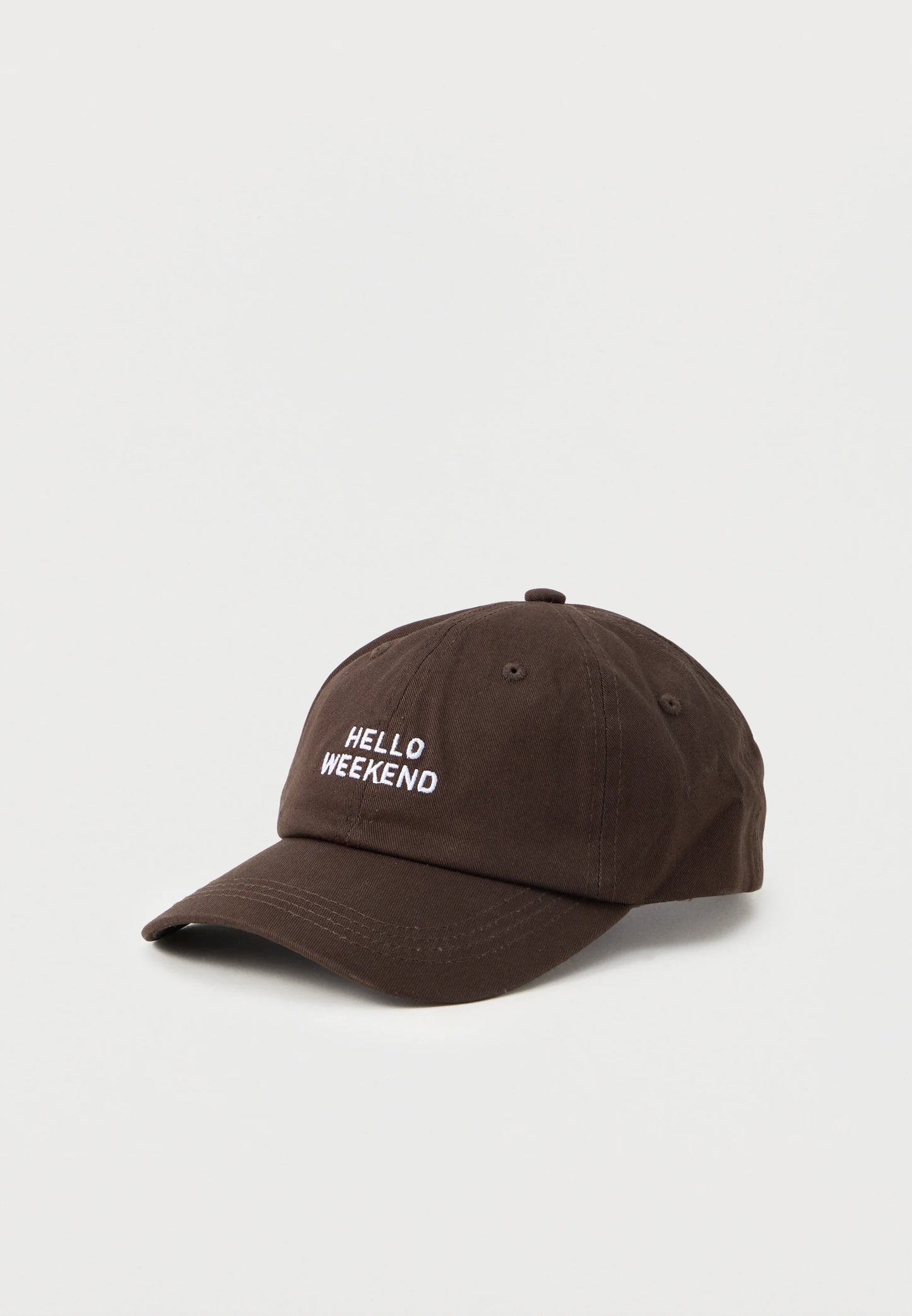 brown cap with hello weekend logo on a light gray background in Pakistan by Caps Nation