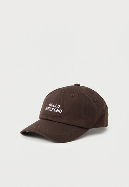 brown cap with hello weekend logo on a light gray background in Pakistan by Caps Nation