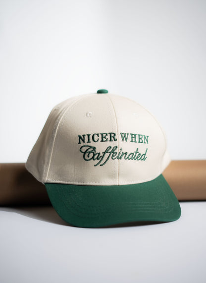 Cap with 'Nicer When Caffeinated' text on a white background in Pakistan by Caps Nation